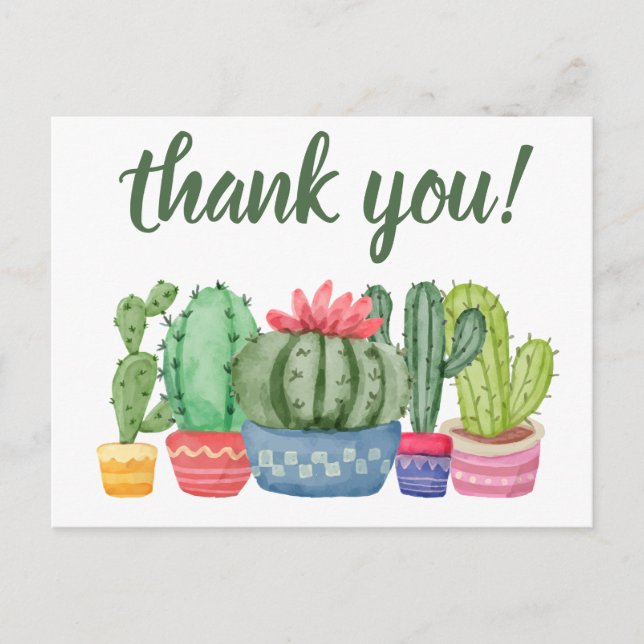 Postal Gracias, hipster cactus acuarela ilustracion (Anverso)