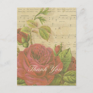Postal Gracias Hoja De Música Floral De Rosas Rojas Vinta