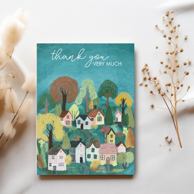 Postal GRACIAS Ilustracion Cute Country Village (THANK YOU Card Cute Country Village Illustration Postcard
)