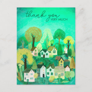 Postal GRACIAS Ilustración linda de pueblo de campo