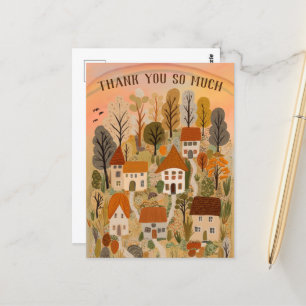 Postal GRACIAS Ilustración Otoño Bonito Pueblo Campestre
