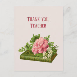 Postal Gracias Maestro, Imagen Vintage Peonía en Libro
