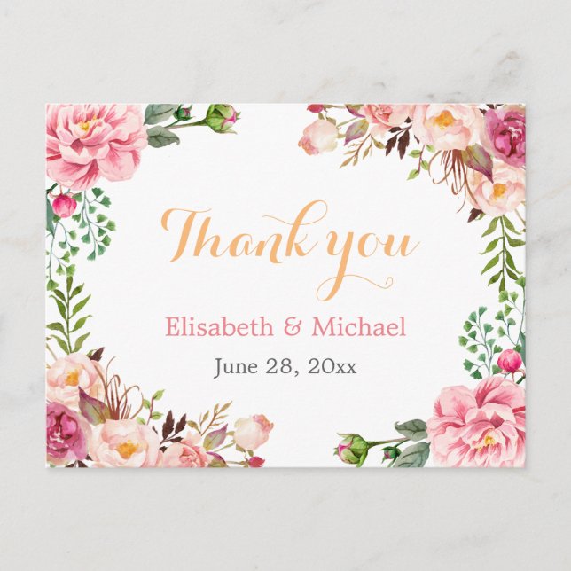 Postal Gracias - Moda romántica floral envuelto (Anverso)