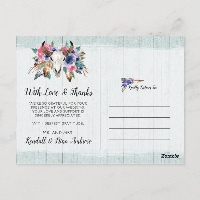 Postal Gracias Moda Rustic Floral Cow Skull Boho (Reverso)