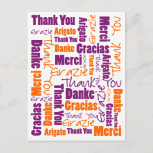 Postal Gracias Multilingüe Morado y Naranja