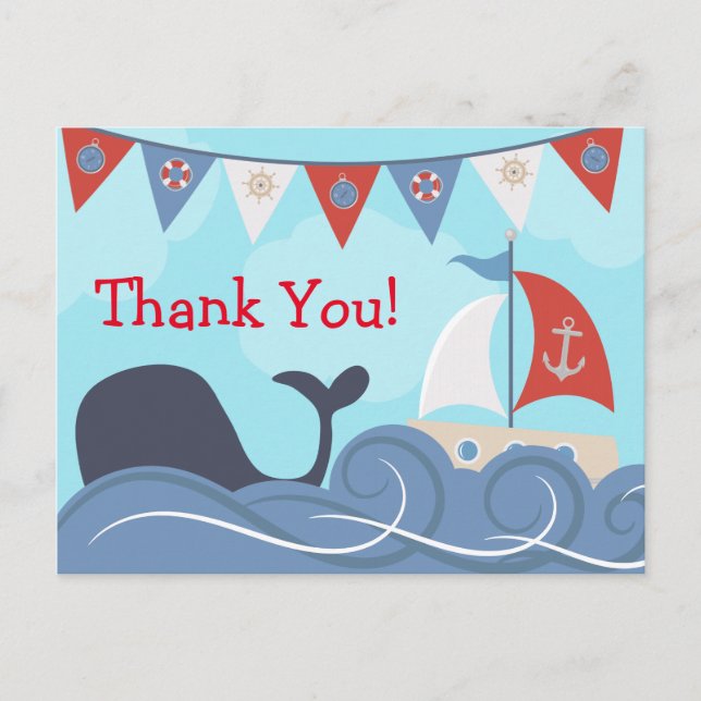 Postal Gracias Nautical Sailboat Beach Ocean Whale (Anverso)