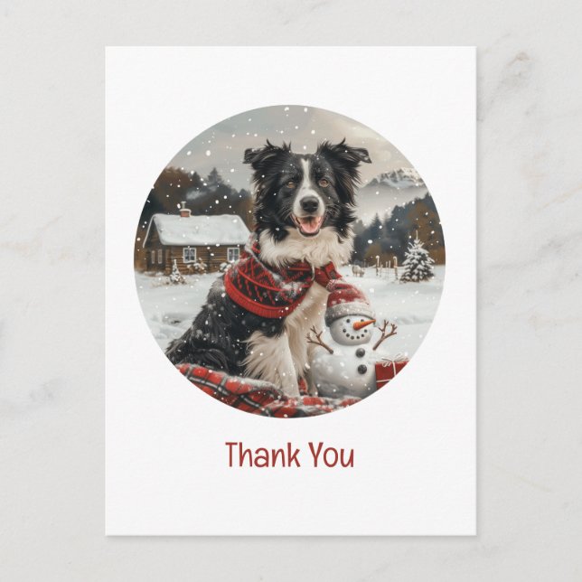 Postal Gracias Navidad Border Collie Perro Muñeco de Niev (Anverso)