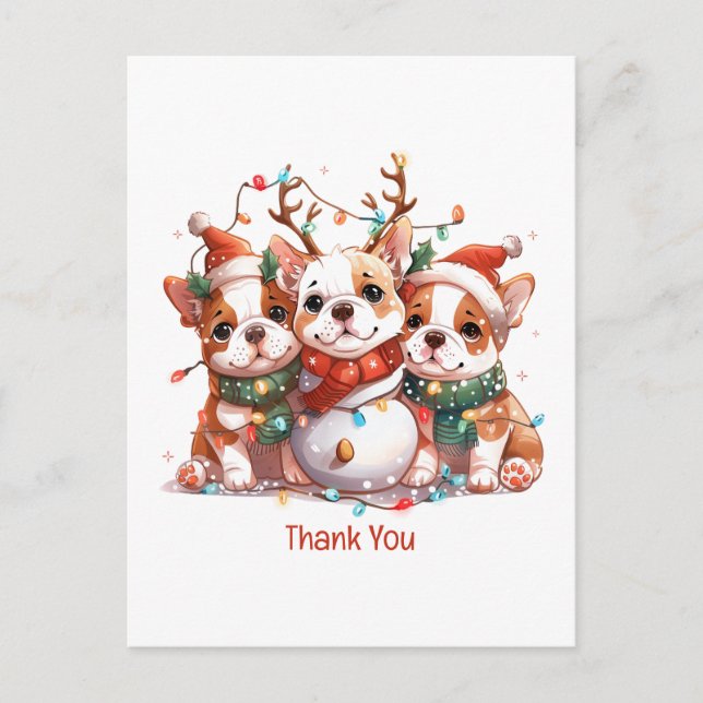 Postal Gracias Navidades Bulldog inglés Reindeer Santa (Anverso)