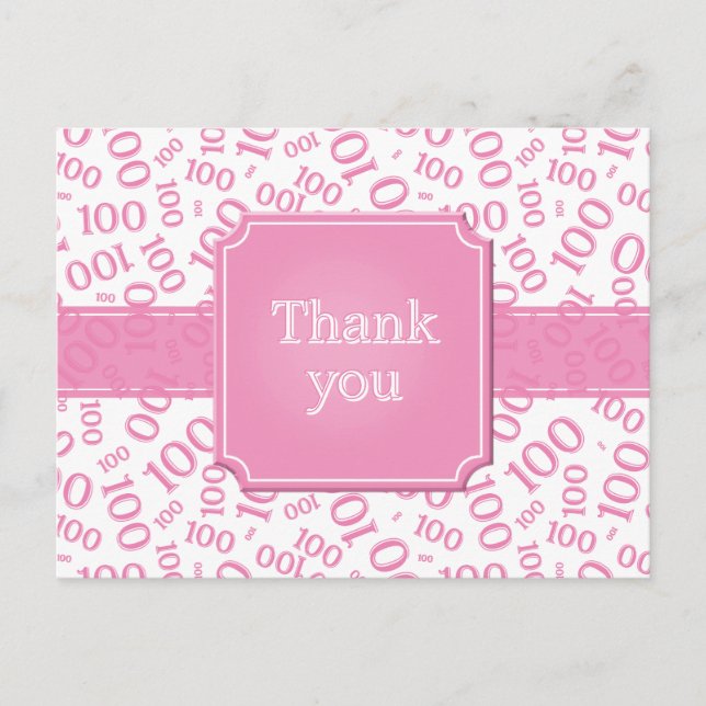 Postal Gracias Patrón de Número 100 Rosa/Blanco (Anverso)