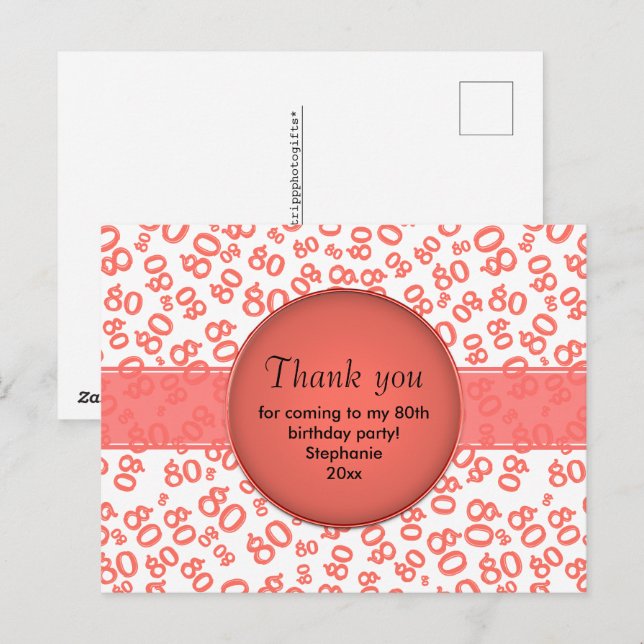 Postal Gracias: patrón de número 80 Coral/Blanco (Anverso / Reverso)