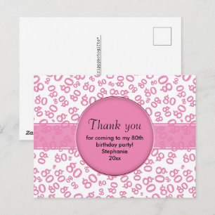 Postal Gracias: Patrón de número de cumpleaños 80 rosa/bl