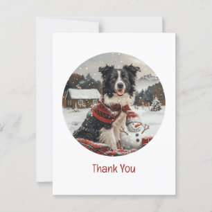 Postal Gracias Perro Border Collie Navidad Hombre de Niev