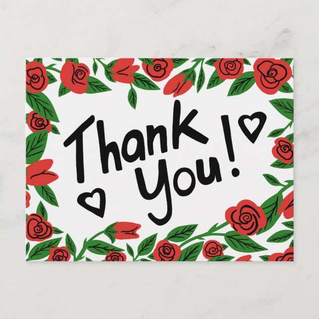 Postal GRACIAS Personalizado Floral de marco de rosas roj (Anverso)