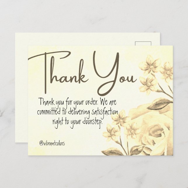 Postal Gracias por comprar acuarela floral amarilla (Anverso / Reverso)