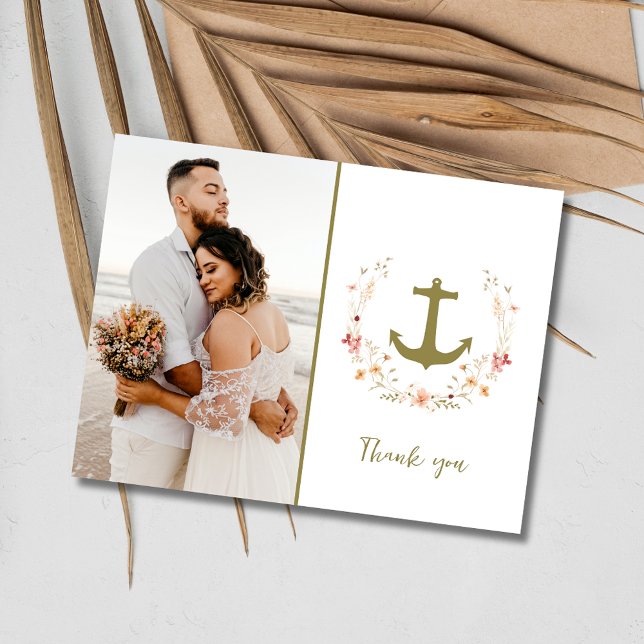 Postal Gracias por la boda de la playa de fotos náuticas (Nautical Photo Beach Wedding Thank You Postcard)