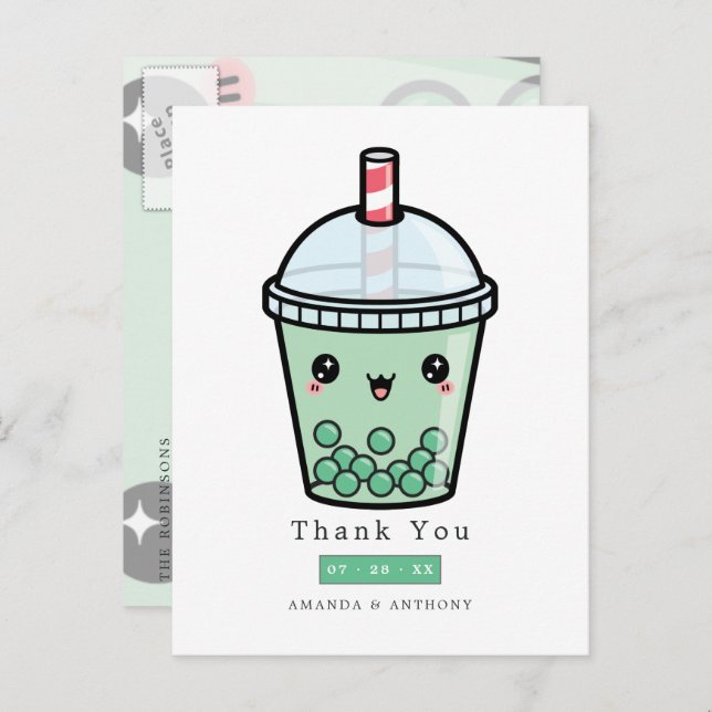 Postal Gracias por la boda floral en acuarela verde y bla (Anverso / Reverso)