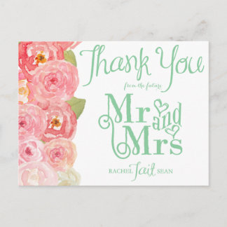 Postal Gracias por la ducha de novia floral rosa y verde
