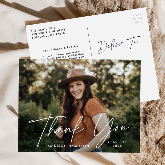 Postal Gracias Por La Graduación De Foto De Guión Blanco  (Subido por el creador)