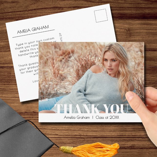 Postal Gracias Por La Graduación De Fotos De Guión Modern (Graduation thank you postcards with your photo on the front and message on the back)