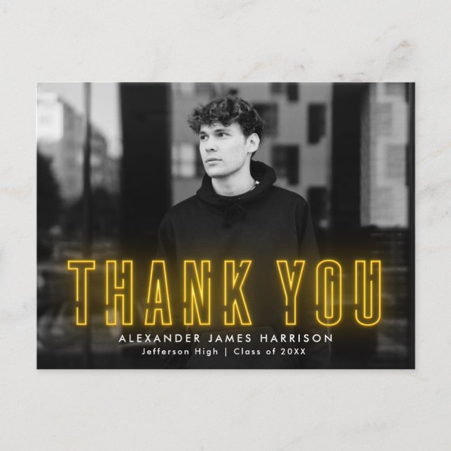 Postal Gracias por la graduación de fotos de neón amarill (Anverso)