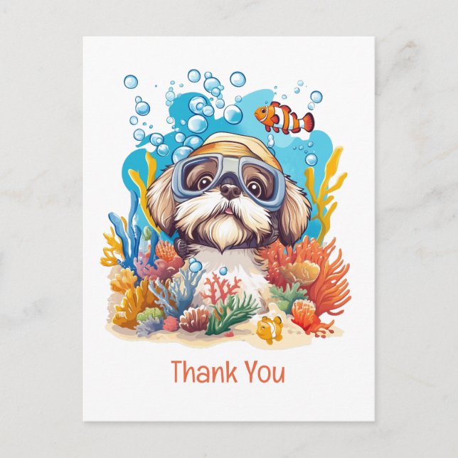 Postal Gracias por perro Shih Tzu haciendo snorkel en arr (Anverso)
