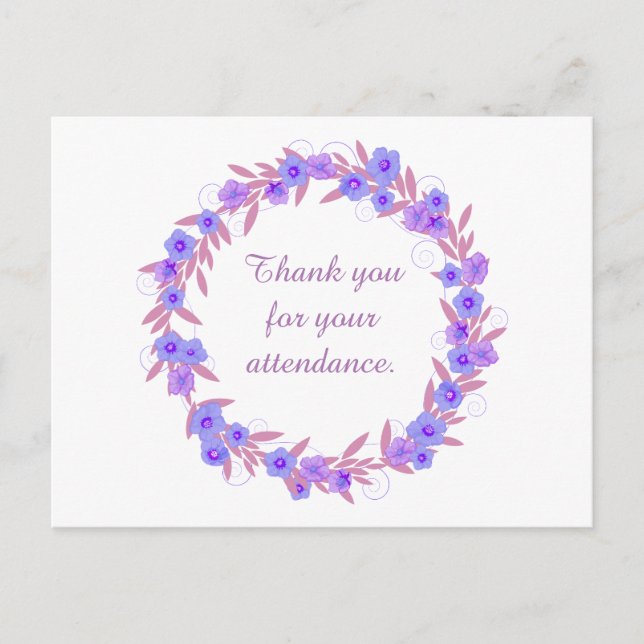 Postal Gracias por su asistencia floral púrpura (Anverso)