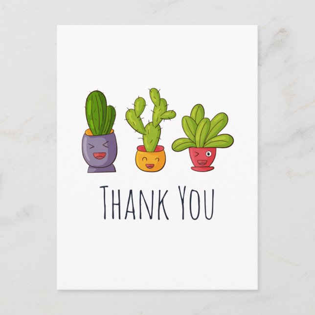 Postal Gracias por tres cactus en macetas de flores (Anverso)