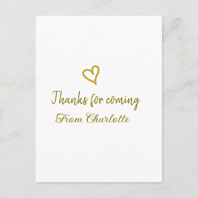 Postal gracias por venir mensaje de texto corazón dorado (Anverso)