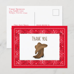 Postal Gracias Red Bandana Cowboy Cute Gorra y Boots