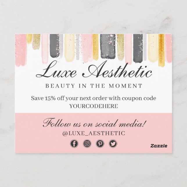 Postal Gracias Rubor Pink & Gold Paint Strokes Coupon (Reverso)