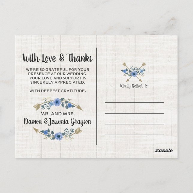 Postal Gracias Rustic Boho Arrows & Floral Photo (Reverso)