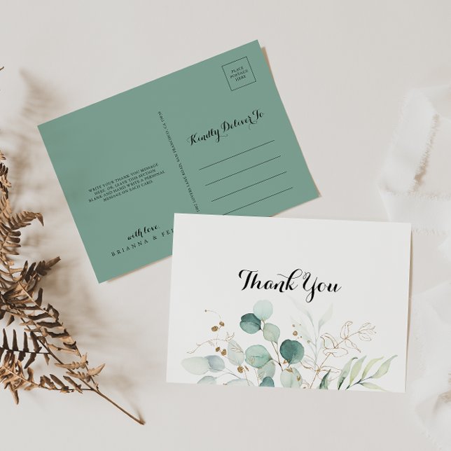 Postal Gracias Rustic Eucalyptus Gold Floral (Subido por el creador)