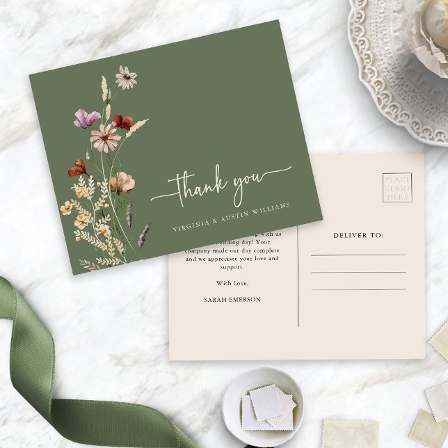 Postal Gracias Sage Floral Postcard (Thank You Sage Green Floral Postcard by Painted Paperie
)