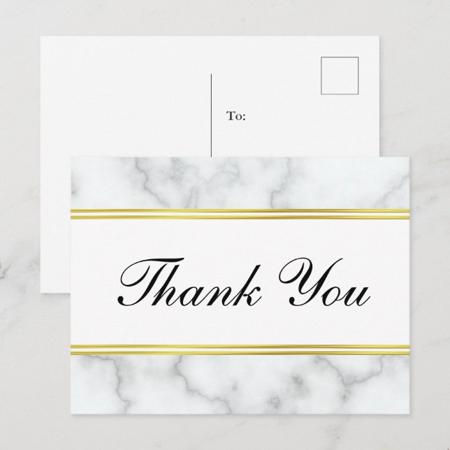 Postal Gracias Script Elegant Faux White Marble & Gold (Anverso / Reverso)