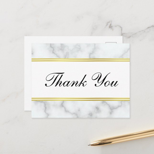 Postal Gracias Script Elegant Faux White Marble & Gold (Anverso/Reverso In Situ)