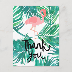 Postal gracias script flamingo tropical palms