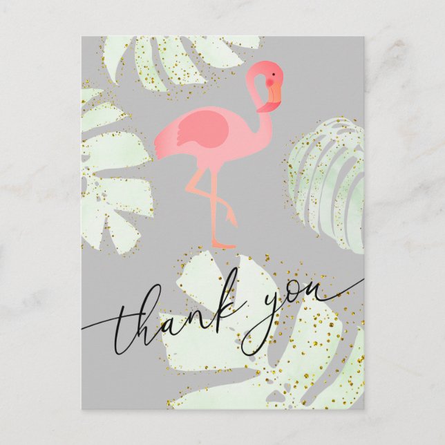 Postal gracias script flamingo tropical rosa (Anverso)