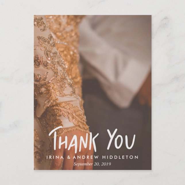 Postal Gracias Script Rustic Kraft Paper Boda Foto (Anverso)
