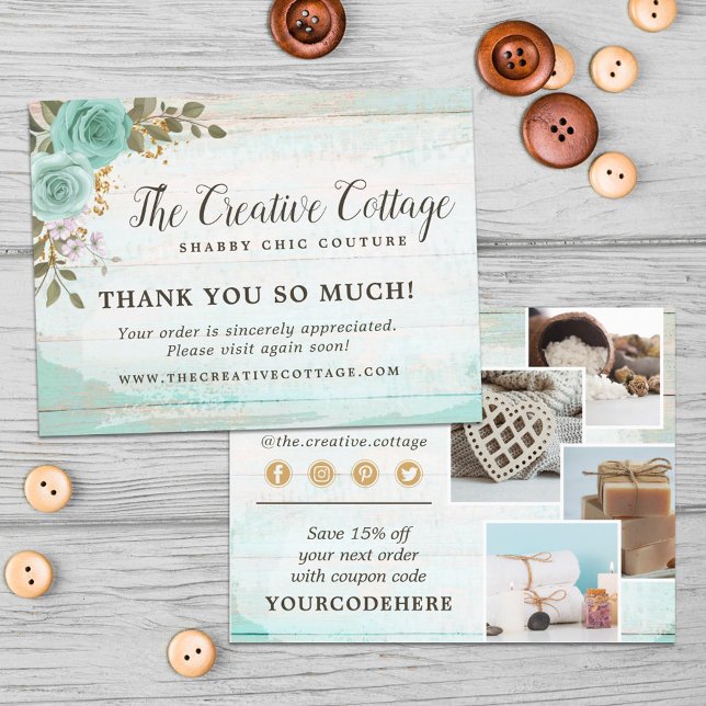 Postal Gracias Shabby Chic Floral Wood 4-Photo Postcard (Subido por el creador)