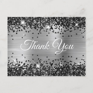 Postal Gracias Sparkly Black Glitter Plata Hoja