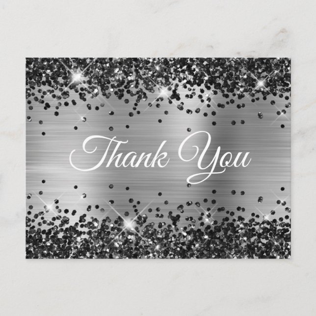Postal Gracias Sparkly Black Glitter Plata Hoja (Anverso)