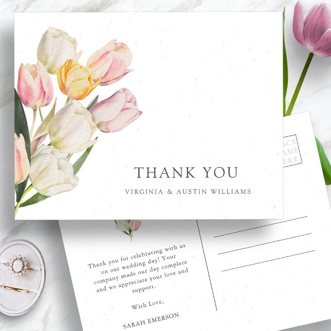 Postal Gracias Tulip Postcard (Thank You Watercolor Tulip Postcard by Painted Paperie
)