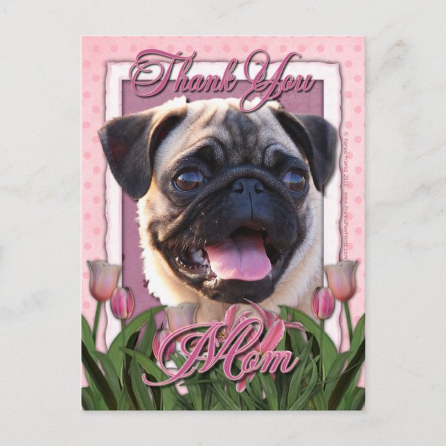 Postal Gracias - Tulipanes rosados - Pug (Anverso)