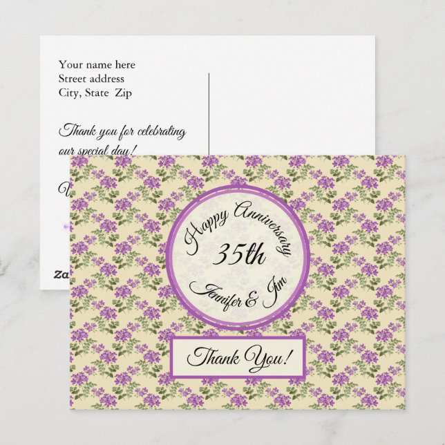 Postal Gracias - Violetas de aniversario en amarillo páli (Anverso / Reverso)