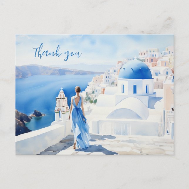 Postal Gracias Watercolor, Blue Color, Santorini, (Anverso)