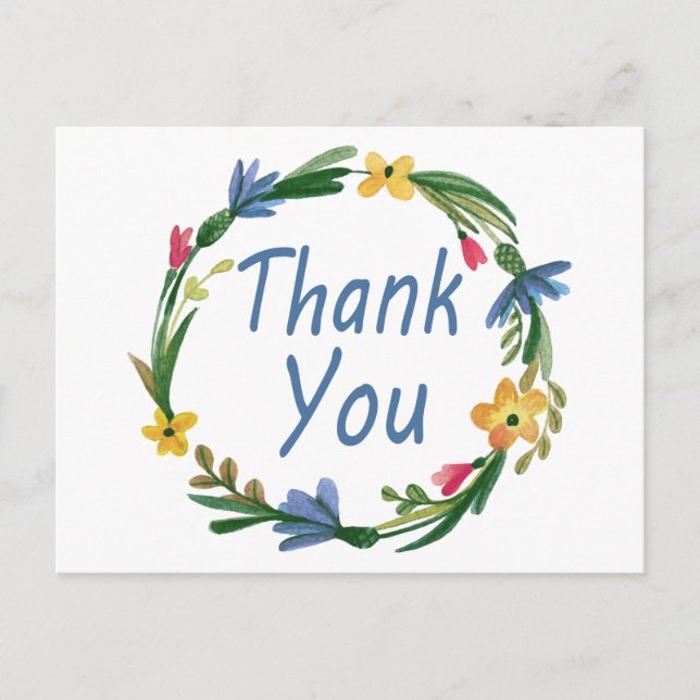 Postal Gracias Watercolor Floral Wreath Blue Postcard (Anverso)