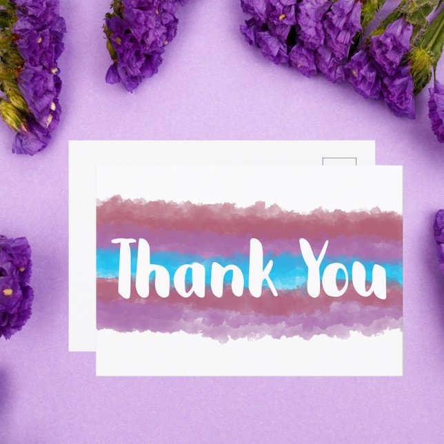 Postal Gracias Watercolor Pink Purple Blue (A pretty thank you postcard that has a pink, purple and blue watercolor background)