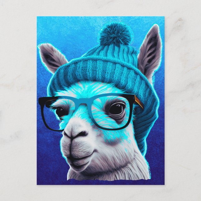 Postal Graciosa Llama Alpaca Cute Animales Gorras Gafas (Anverso)