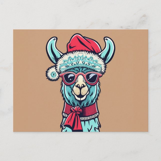 Postal Graciosa Llama Alpaca Cute Animales Santa Hat (Anverso)