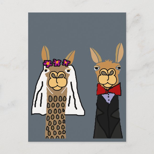 Postal Graciosa Llama Bride y Groom Boda Art (Anverso)